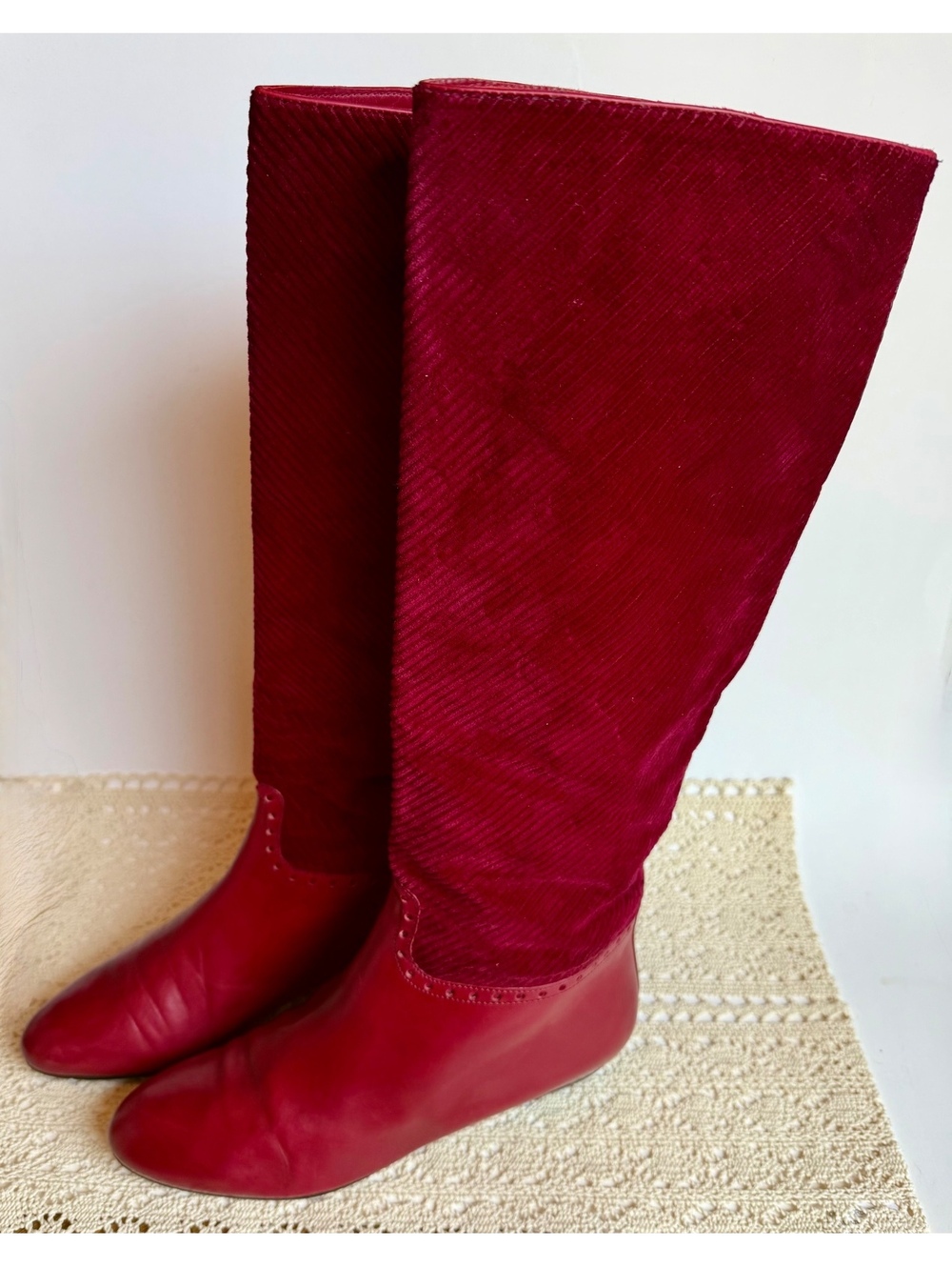 Vintage 80s Perry Ellis Portfolio Burgundy Velvet Leather Boots Size 8 B Italy